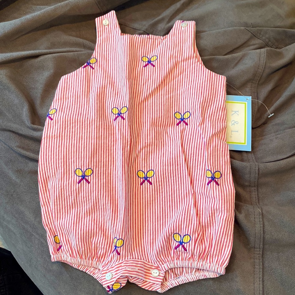 Cute red seersucker onesie with tennis rackets.  NWT 6 mo.